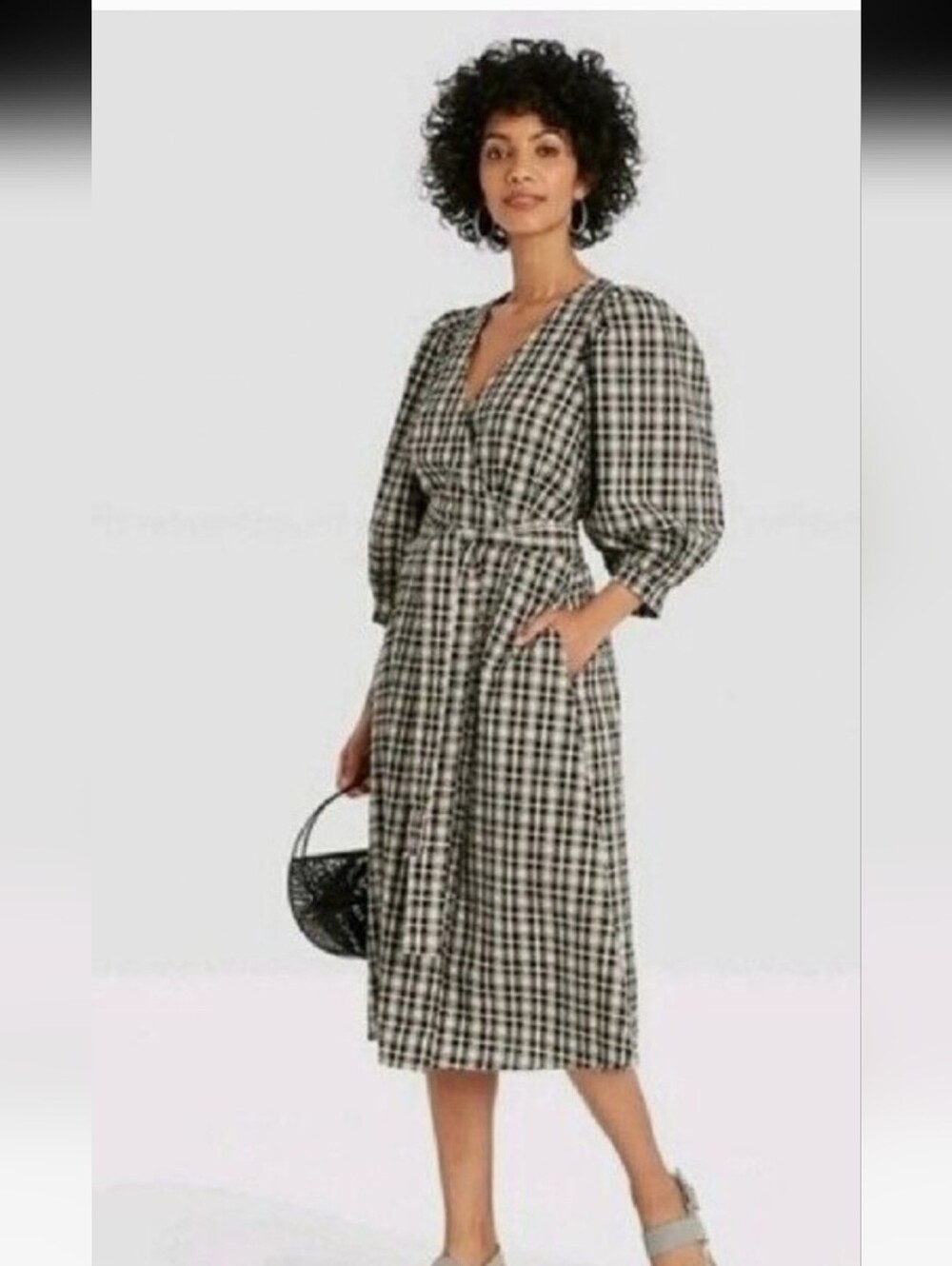 Puff Princess Sleeves Midi Faux Wrap Dress Seersucker Plaid With Pockets SZ S